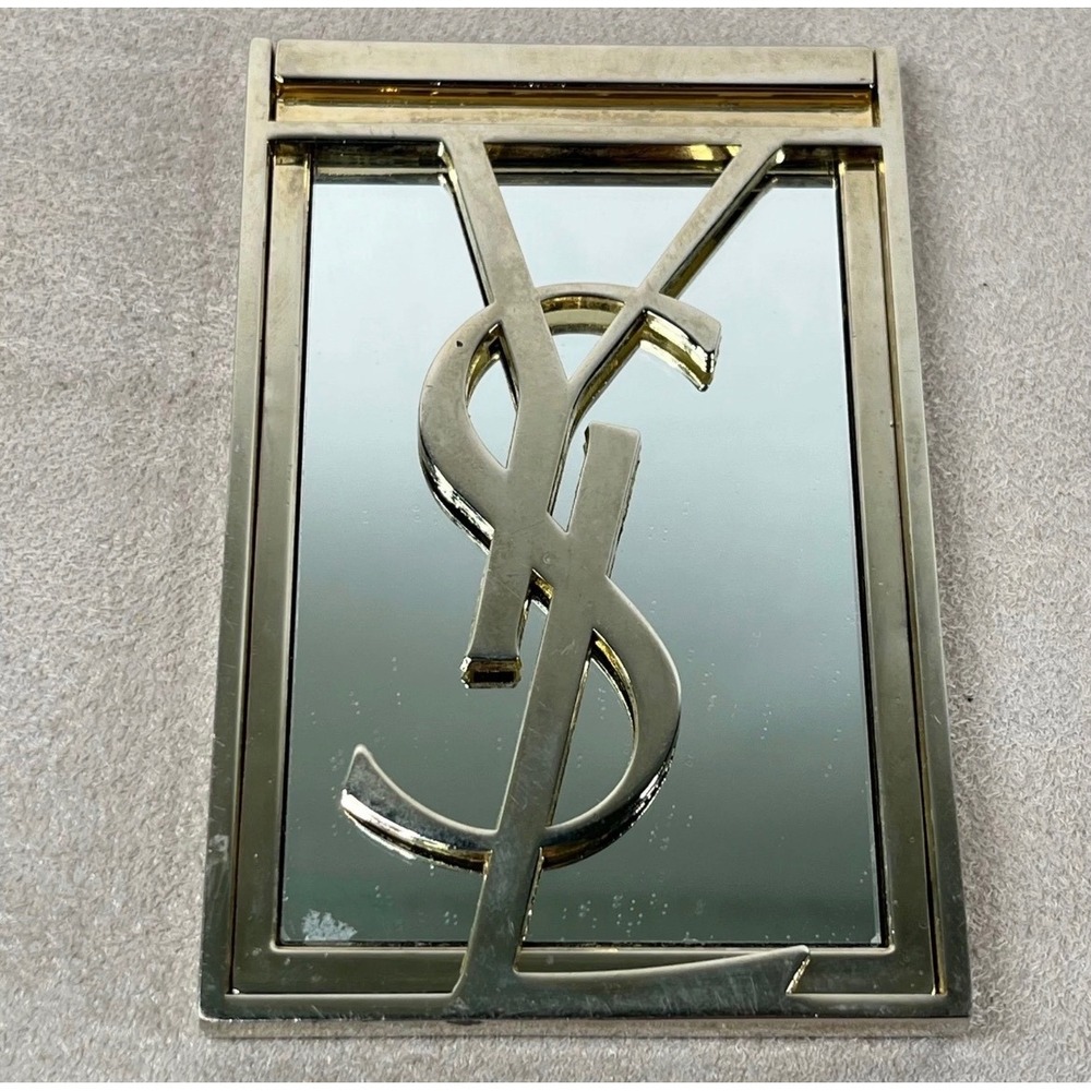 Yves Saint Laurent YSL Vintage Gold Monogram Logo Folding Pocket Mirror Vanity